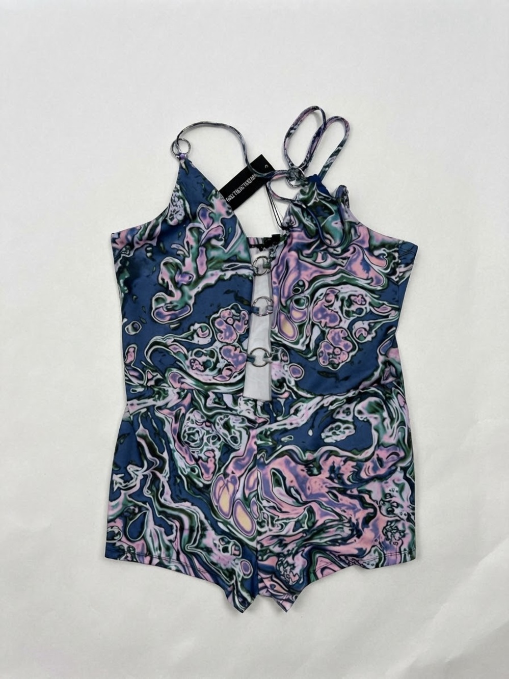 Club Exx TECHNO ANGEL ROMPER Stretchy Psychedelic Print O-Ring 1X NWT